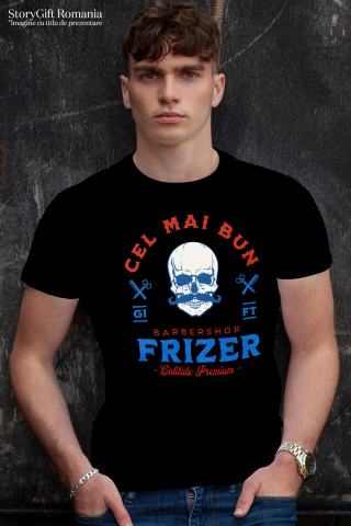 Tricou Femei, Barbati, Copii, Fata, Baiat, Unisex Personalizat Craniu Uman cu Mustață – Instrumente Frizerie, Barber Shop, Pasiune pentru Meserie [1]