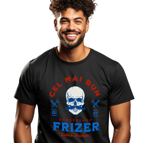 Meserii - Tricou Femei, Barbati, Copii, Fata, Baiat, Unisex Personalizat Craniu Uman cu Mustață – Instrumente Frizerie, Barber Shop, Pasiune pentru Meserie