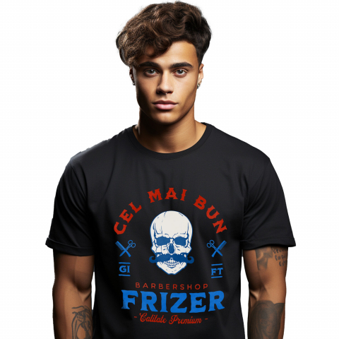 MESERII - Tricou Femei, Barbati, Copii, Fata, Baiat, Unisex Personalizat Craniu Uman cu Mustață – Instrumente Frizerie, Barber Shop, Pasiune pentru Meserie