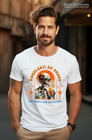 Tricou Femei, Barbati, Copii, Fata, Baiat, Unisex Personalizat "Produse personalizate pentru vacanță – Craniu uman cu ochelari de soare și cămașă florală pe plajă cu cocktail" [1]