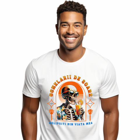 Tricou Femei, Barbati, Copii, Fata, Baiat, Unisex Personalizat "Produse personalizate pentru vacanță – Craniu uman cu ochelari de soare și cămașă florală pe plajă cu cocktail"