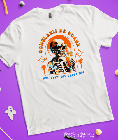 Tricou Femei, Barbati, Copii, Fata, Baiat, Unisex Personalizat "Produse personalizate pentru vacanță – Craniu uman cu ochelari de soare și cămașă florală pe plajă cu cocktail" [2]