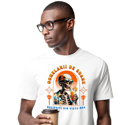 Tricou Femei, Barbati, Copii, Fata, Baiat, Unisex Personalizat "Produse personalizate pentru vacanță – Craniu uman cu ochelari de soare și cămașă florală pe plajă cu cocktail"