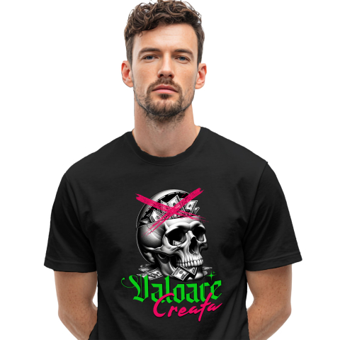 Tricou Femei, Barbati, Copii, Fata, Baiat, Unisex Personalizat Craniu Uman cu Bancnote – „Valoare Creată” – Cadou Provocator pentru Familie, Tati, Copii, Prieteni
