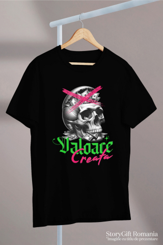 Tricou Femei, Barbati, Copii, Fata, Baiat, Unisex Personalizat Craniu Uman cu Bancnote – „Valoare Creată” – Cadou Provocator pentru Familie, Tati, Copii, Prieteni [2]