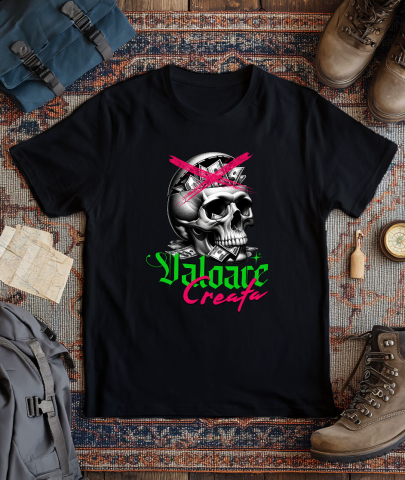 Tricou Femei, Barbati, Copii, Fata, Baiat, Unisex Personalizat Craniu Uman cu Bancnote – „Valoare Creată” – Cadou Provocator pentru Familie, Tati, Copii, Prieteni [2]