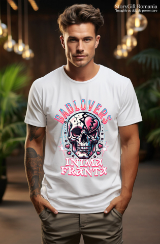 Tricou Femei, Barbati, Copii, Fata, Baiat, Unisex Personalizat Craniu Uman Mort cu Text „Bad Lovers” și Inima Franta – Cadou Personalizat de Valentine's Day [1]