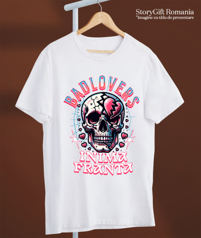 Tricou Femei, Barbati, Copii, Fata, Baiat, Unisex Personalizat Craniu Uman Mort cu Text „Bad Lovers” și Inima Franta – Cadou Personalizat de Valentine's Day [2]