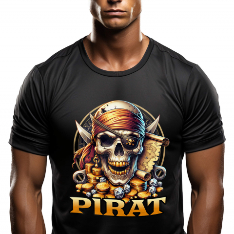 Supereroi - Tricou Femei, Barbati, Copii, Fata, Baiat, Unisex Personalizat Craniu Pirat cu Dinti de Aur, Bandana și Monede - Cadou pentru Iubitorii de Pirati