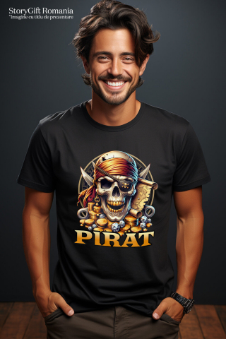 Tricou Femei, Barbati, Copii, Fata, Baiat, Unisex Personalizat Craniu Pirat cu Dinti de Aur, Bandana și Monede - Cadou pentru Iubitorii de Pirati [1]