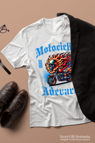 Tricou Femei, Barbati, Copii, Fata, Baiat, Unisex Personalizat Craniu Uman și Motor Vintage în Flăcări – Pasiunea unui Motociclist [2]