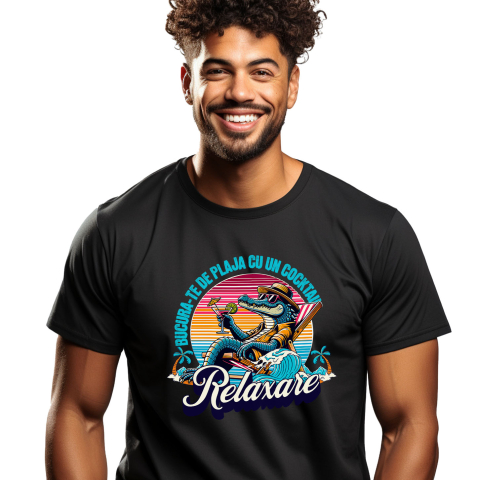 Tricou Femei, Barbati, Copii, Fata, Baiat, Unisex Personalizat "Produse personalizate pentru vacanță – Crocodil cu pălărie și ochelari de soare pe plajă cu cocktail"