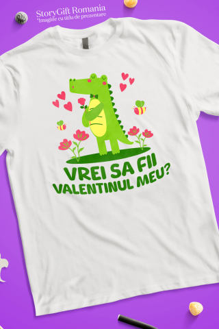 Tricou Femei, Barbati, Copii, Fata, Baiat, Unisex Personalizat „Crocodil Romantic Cu Trandafir Roz Si Papion - Cadou Personalizat „Vrei Sa Fii Valentinul Meu?” pentru Familie, Copii și Prieteni” [2]
