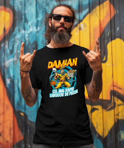 Tricou Femei, Barbati, Copii, Fata, Baiat, Unisex Personalizat Cadou personalizat cu super erou livrator pizza | „Damian, cel mai rapid livrator de pizza” pentru tati și copii [1]