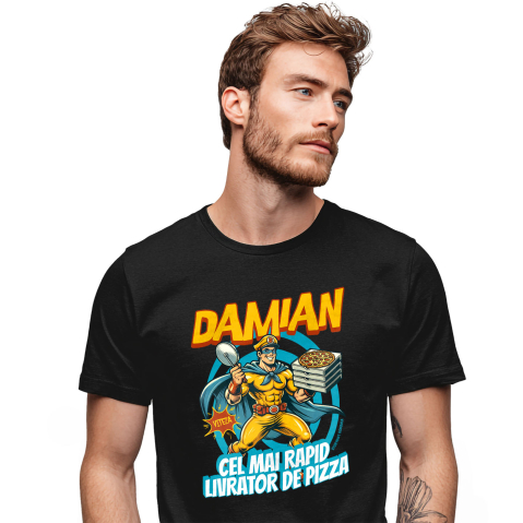 Mancare - Tricou Femei, Barbati, Copii, Fata, Baiat, Unisex Personalizat Cadou personalizat cu super erou livrator pizza | „Damian, cel mai rapid livrator de pizza” pentru tati și copii
