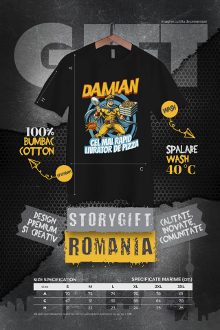 Tricou Femei, Barbati, Copii, Fata, Baiat, Unisex Personalizat Cadou personalizat cu super erou livrator pizza | „Damian, cel mai rapid livrator de pizza” pentru tati și copii [3]