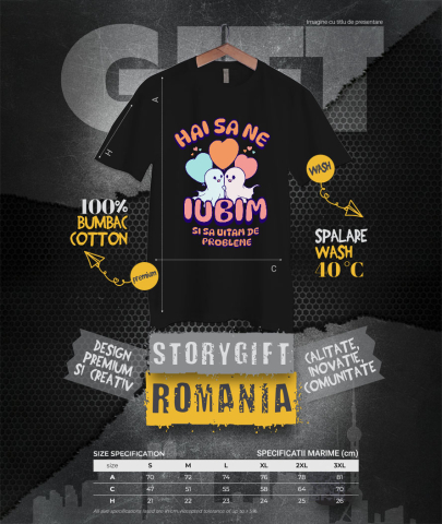 Tricou Femei, Barbati, Copii, Fata, Baiat, Unisex Personalizat Cuplu Fantome Fericit cu Mesajul „Hai Să Ne Iubim Și Să Uităm De Probleme” | Cadou Personalizat Halloween [3]