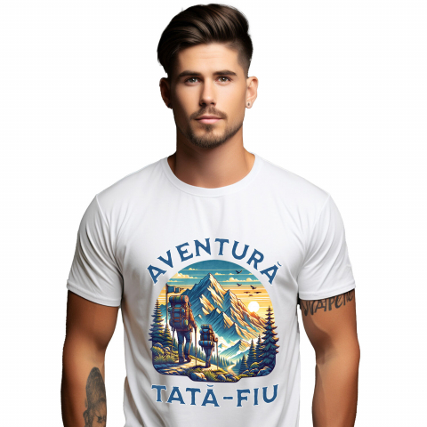 CALATORIE - Tricou Femei, Barbati, Copii, Fata, Baiat, Unisex Personalizat "Cuplu Sportiv prin Munți cu Rucsaci – Aventuri în Natură pentru Tată și Fiu"