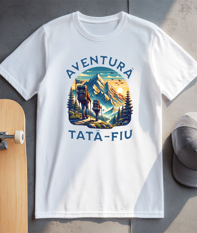 Tricou Femei, Barbati, Copii, Fata, Baiat, Unisex Personalizat "Cuplu Sportiv prin Munți cu Rucsaci – Aventuri în Natură pentru Tată și Fiu" [2]