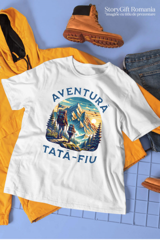 Tricou Femei, Barbati, Copii, Fata, Baiat, Unisex Personalizat "Cuplu Sportiv prin Munți cu Rucsaci – Aventuri în Natură pentru Tată și Fiu" [2]