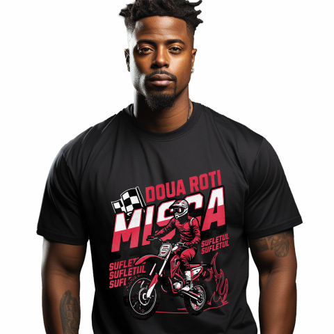 Tricou Femei, Barbati, Copii, Fata, Baiat, Unisex Personalizat Cursa de Motocicletă – Bărbat în Echipament Profesionist și Steag de Finish