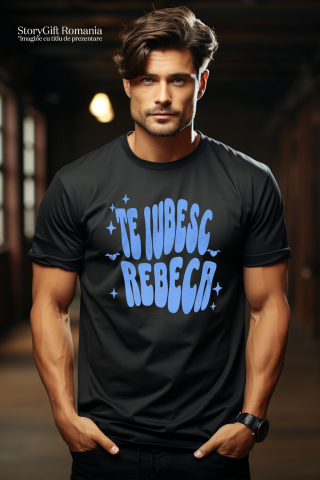 Tricou Femei, Barbati, Copii, Fata, Baiat, Unisex Personalizat "Mesaj Romantic Te Iubesc Rebeca - Cadou Personalizat Inimi și Stele pentru Valentine's Day" [1]