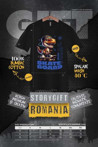 Tricou Femei, Barbati, Copii, Fata, Baiat, Unisex Personalizat Dinozaur Skateboard Cu Șapcă – Design Urban Vesel [3]
