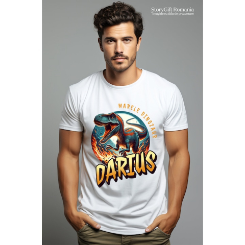 Tricou Barbati cu Dinozaur T-rex 3D Animal Furios in Jungla In Flacari Si Ghare Ascutite cu imprimeu pe Fata, 100% Bumbac, Alb, XL [1]