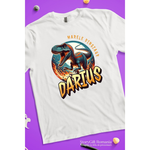 Tricou Barbati cu Dinozaur T-rex 3D Animal Furios in Jungla In Flacari Si Ghare Ascutite cu imprimeu pe Fata, 100% Bumbac, Alb, XL [2]