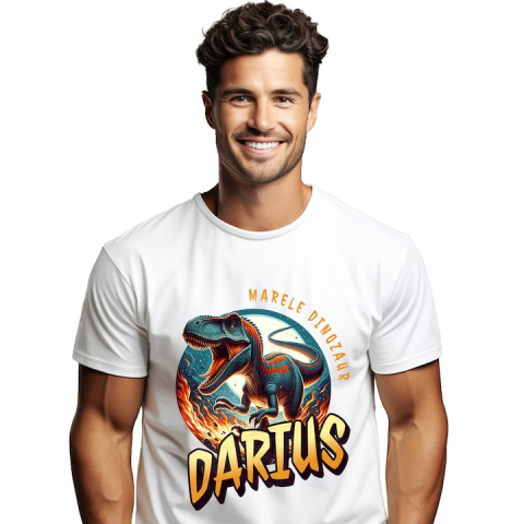 Barbati - Marimea XL - Tricou Barbati cu Dinozaur T-rex 3D Animal Furios in Jungla In Flacari Si Ghare Ascutite cu imprimeu pe Fata, 100% Bumbac, Alb, XL