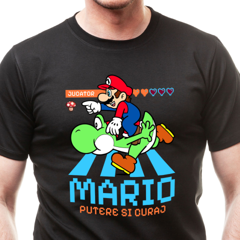 Desene Animate - Tricou Barbati cu Distractie in Doi: Mario si Yoshi 100% Bumbac, Negru, XL
