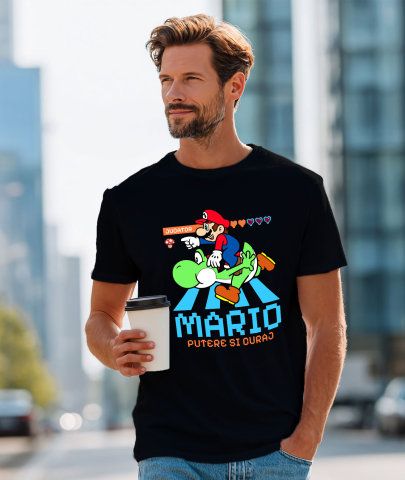 Tricou Barbati cu Distractie in Doi: Mario si Yoshi 100% Bumbac, Negru, XL [1]