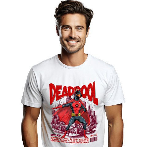 Tricou Femei, Barbati, Copii, Fata, Baiat, Unisex Personalizat Doberman în Costum Deadpool – Câine Supererou Personalizat și Amuzant
