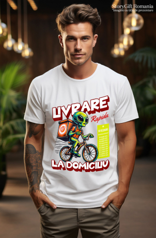Tricou Femei, Barbati, Copii, Fata, Baiat, Unisex Personalizat Extraterestru Curier Cu Bicicleta Si Cutii De Pizza | Cadou Amuzant Livrare La Domiciliu [1]