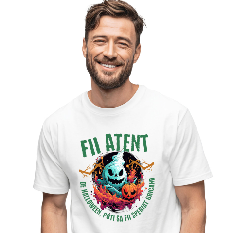 Halloween - Tricou Femei, Barbati, Copii, Fata, Baiat, Unisex Personalizat Fantoma Horror și Dovleac De Halloween | Mesaj „Fii Atent, De Halloween Poți Să Fii Speriat” | Cadou Personalizat pentru Halloween