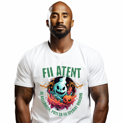 Tricou Femei, Barbati, Copii, Fata, Baiat, Unisex Personalizat Fantoma Horror și Dovleac De Halloween | Mesaj „Fii Atent, De Halloween Poți Să Fii Speriat” | Cadou Personalizat pentru Halloween