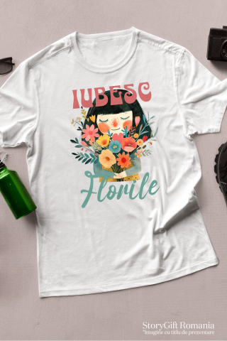 Tricou Femei, Barbati, Copii, Fata, Baiat, Unisex Personalizat Cadou Personalizat Fata Cu Breton și Buchet De Trandafiri | Iubesc Florile | Iubire și Natură [2]