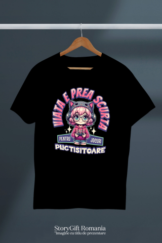 Tricou Femei, Barbati, Copii, Fata, Baiat, Unisex Personalizat Fată Stil Anime „Viața E Prea Scurtă” cu Păr Roz, Palarie Pisică și Manetă Jocuri Video - Cadou Personalizat [2]