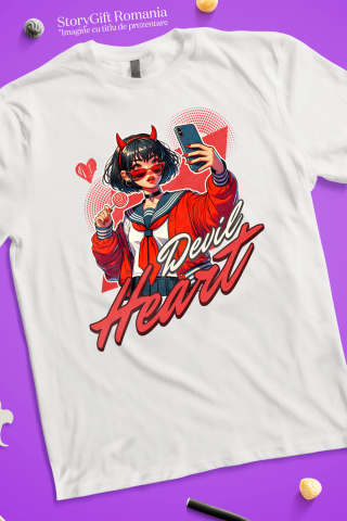 Tricou Femei, Barbati, Copii, Fata, Baiat, Unisex Personalizat „Fată Stil Anime Cu Acadea și Selfie - Cadou Personalizat „Devil Heart” pentru Familie, Copii și Prieteni” [2]