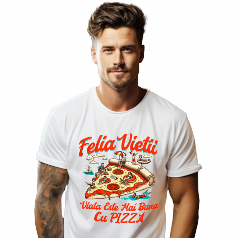 MANCARE - Tricou Femei, Barbati, Copii, Fata, Baiat, Unisex Personalizat Pizza personalizată cu text haios „Felia vieții e mai bună cu pizza” – Cadou perfect pentru familie și prieteni