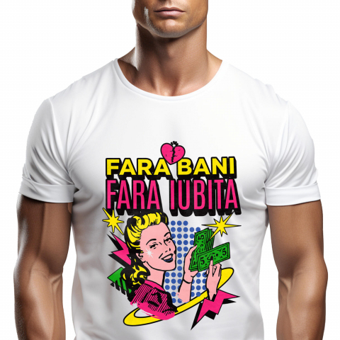 Tricou Femei, Barbati, Copii, Fata, Baiat, Unisex Personalizat Femeie Retro Numărând Bancnote Bani – „Fără Bani Fără Iubită” – Cadou Personalizat pentru Familie, Tati, Copii, Prieteni
