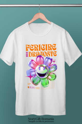 Tricou Femei, Barbati, Copii, Fata, Baiat, Unisex Personalizat Floare Colorată Veselă cu Text „Fericire, Dragoste, Natură” | Cadouri Personalizate pentru Femei, Familie și Prieteni [2]