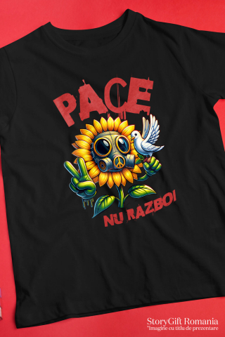 Tricou Femei, Barbati, Copii, Fata, Baiat, Unisex Personalizat Floarea Soarelui cu Masca Toxică și Porumbel Alb | Mesaj „Pace, Nu Război” | Cadouri Personalizate pentru Femei, Familie și Prieteni [2]