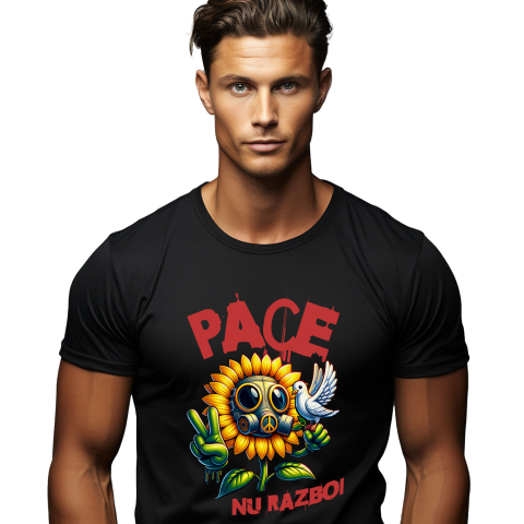 Tricou Femei, Barbati, Copii, Fata, Baiat, Unisex Personalizat Floarea Soarelui cu Masca Toxică și Porumbel Alb | Mesaj „Pace, Nu Război” | Cadouri Personalizate pentru Femei, Familie și Prieteni