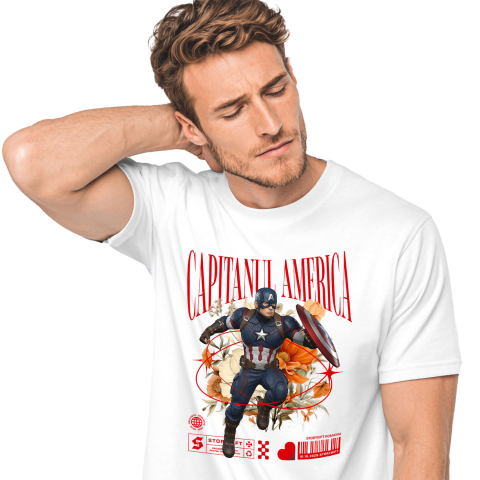 Desene Animate - Tricou Barbati cu Flori Disney și Curajul lui Captain America 100% Bumbac, Alb, M