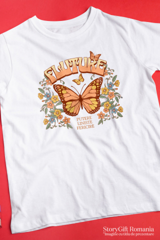 Tricou Femei, Barbati, Copii, Fata, Baiat, Unisex Personalizat Fluture Portocaliu cu Mesaj de Putere și Liniște | Cadou Personalizat cu Flori Colorate [2]