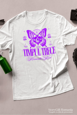 Tricou Femei, Barbati, Copii, Fata, Baiat, Unisex Personalizat Fluture cu Craniu Uman și Cruce – Mesaj Motivațional „Timpul Trece - Momento Mori” - Cadou Personalizat [2]