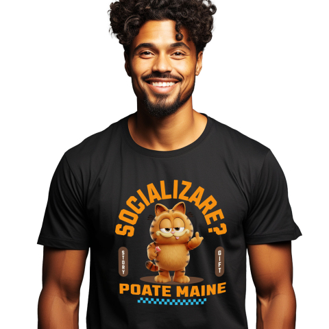 Amuzante - Tricou Barbati cu Garfield  , Degetul Mijlociu, Socializare? Poate maine, Anti-social  100% Bumbac, Negru, L