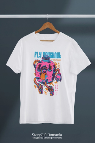 Tricou Barbati Cu Gogoasa AmeriTricou Barbati CU Glazura Roz, Limba Scoasa, Text In Engleza Fly Doughnut, Ilustratie, Unica, Creativitate, cu imprimeu pe Fata, 100% Bumbac, Alb, M [2]