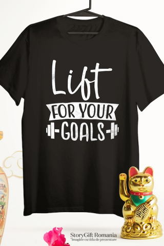 Tricou Barbati cu haltera si mesaj motivational in engleza "Lift for your goals" - ridica pentru obiectivele tale cu imprimeu pe Fata, 100% Bumbac, Negru, M [2]
